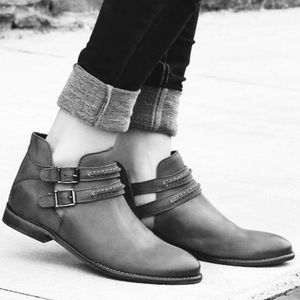 Matt Black Leather Double Buckle Ankle Booties
